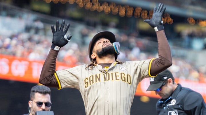 Sep 15, 2024; San Francisco, California, USA; San Diego Padres outfielder Fernando Tatis, Jr. (21) celebrates his solo home run during the eighth inning against the San Francisco Giants at Oracle Park. 