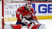 Mar 18, 2025; Washington, District of Columbia, USA; Washington Capitals goaltender Logan Thompson (48) makes a save during the second period against the Detroit Red Wings at Capital One Arena. Mandatory Credit: Peter Casey-Imagn Images