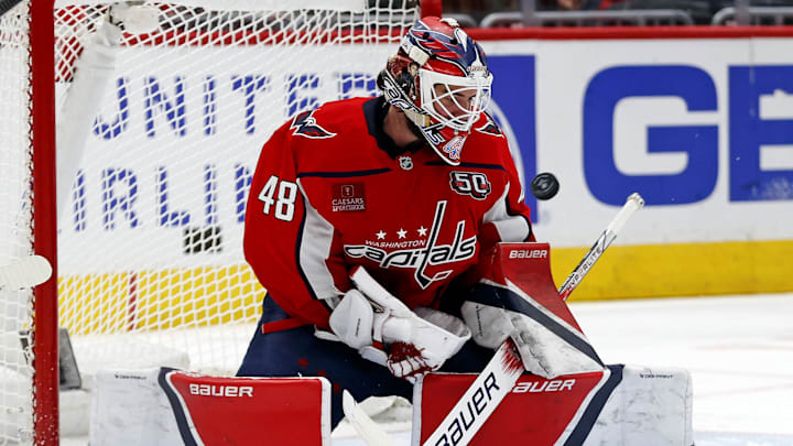 Mar 18, 2025; Washington, District of Columbia, USA; Washington Capitals goaltender Logan Thompson (48) makes a save during the second period against the Detroit Red Wings at Capital One Arena. Mandatory Credit: Peter Casey-Imagn Images