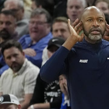 Orlando Magic head coach Jamahl Mosley directs his team against the Minnesota Timberwolves in the fourth quarter at Target Center.