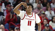 Nov 25, 2024; Fayetteville, Arkansas, USA; Arkansas Razorbacks forward Karter Knox (11) reacts after making a three point shot in the first half against the Maryland Eastern Shore Hawks at Bud Walton Arena. Mandatory Credit: Nelson Chenault-Imagn Images