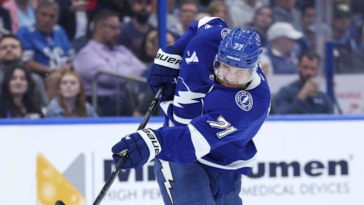 Mar 12, 2026; Tampa, Florida, USA; Tampa Bay Lightning defenseman Victor Hedman (77) shoots the puck against the Detroit Red Wings in the first period at Benchmark International Arena. Mandatory Credit: Nathan Ray Seebeck-Imagn Images