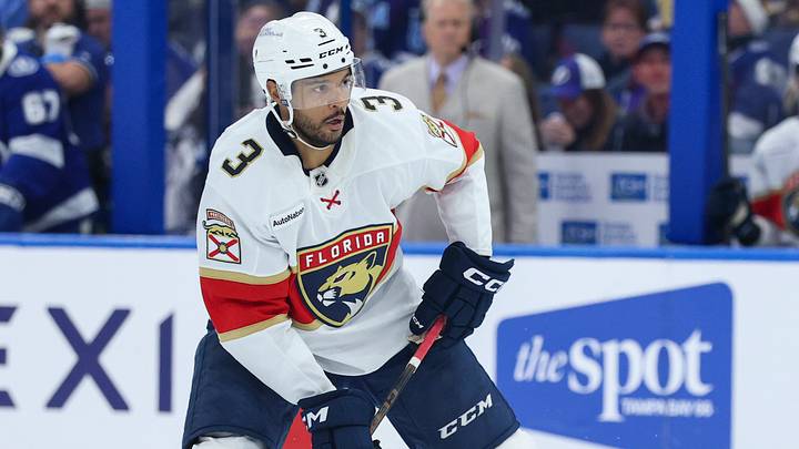 Dec 15, 2025; Tampa, Florida, USA; Florida Panthers defenseman Seth Jones (3) controls the puck against the Tampa Bay Lightning in the second period at Benchmark International Arena. Mandatory Credit: Nathan Ray Seebeck-Imagn Images Dec 15, 2025; Tampa, Florida, USA; Florida Panthers defenseman Seth Jones (3) controls the puck against the Tampa Bay Lightning in the second period at Benchmark International Arena. Mandatory Credit: Nathan Ray Seebeck-Imagn Images