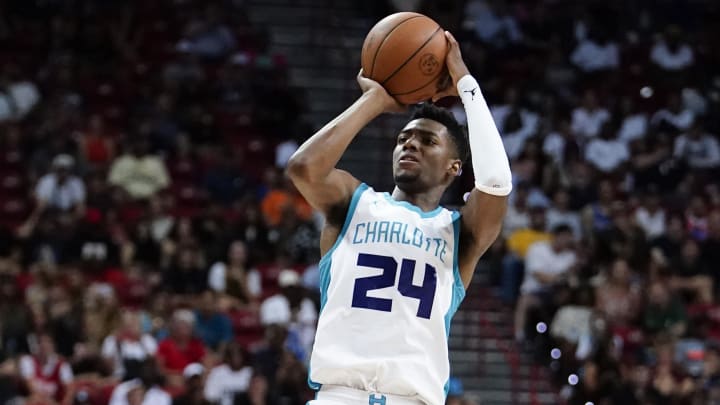 Jul 11, 2023; Las Vegas, NV, USA; Charlotte Hornets forward Brandon Miller (24) shoots the ball against the Portland Trail Blazers during the second half at Thomas & Mack Center. Mandatory Credit: Lucas Peltier-USA TODAY Sports