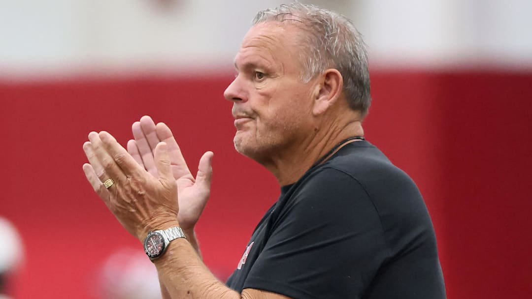 Aug 14, 2025; Fayetteville, AR, USA; Arkansas Razorbacks head coach Sam Pitman during practice. Mandatory Credit: Nelson Chenault-Imagn Images