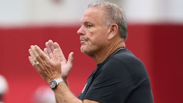 Aug 14, 2025; Fayetteville, AR, USA; Arkansas Razorbacks head coach Sam Pitman during practice. Mandatory Credit: Nelson Chenault-Imagn Images