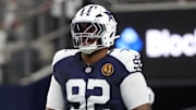 Dallas Cowboys defensive tackle Quinnen Williams warms up prior to the game against the Kansas City Chiefs