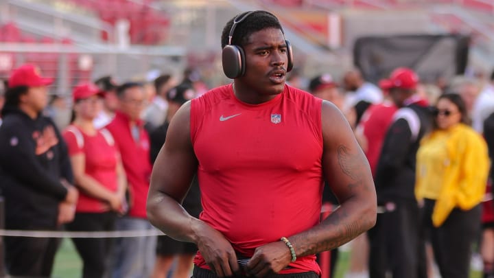 Aug 25, 2023; Santa Clara, California, USA; San Francisco 49ers defensive end Drake Jackson (95) before the game against the Los Angeles Chargers at Levi's Stadium. Mandatory Credit: Sergio Estrada-USA TODAY Sports