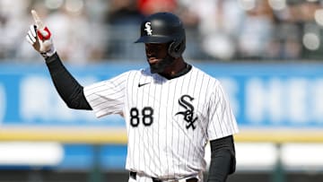 May 24, 2025; Chicago, Illinois, USA; Chicago White Sox center fielder Luis Robert Jr. (88) celebrates after hitting a double against the Texas Rangers during the fourth inning at Rate Field. Mandatory Credit: Kamil Krzaczynski-Imagn Images