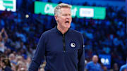 Nov 10, 2024; Oklahoma City, Oklahoma, USA; Golden State Warriors head coach Steve Kerr yells to his team on a play against the Oklahoma City Thunder during the second quarter at Paycom Center. Mandatory Credit: Alonzo Adams-Imagn Images