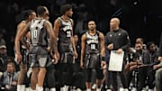 Apr 3, 2025; Brooklyn, New York, USA; Brooklyn Nets head coach Jordi Fernandez speaks to his players at a break in the action during the first half against the Minnesota Timberwolves at Barclays Center. Mandatory Credit: Gregory Fisher-Imagn Images