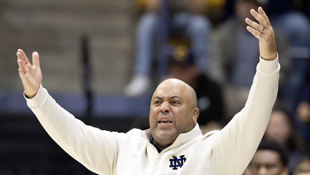 Jan 2, 2026; Berkeley, California, USA; Notre Dame Fighting Irish head coach Micah Shrewsberry argues a foul call against his team during the second half with the California Golden Bears at Haas Pavilion. Mandatory Credit: D. Ross Cameron-Imagn Images