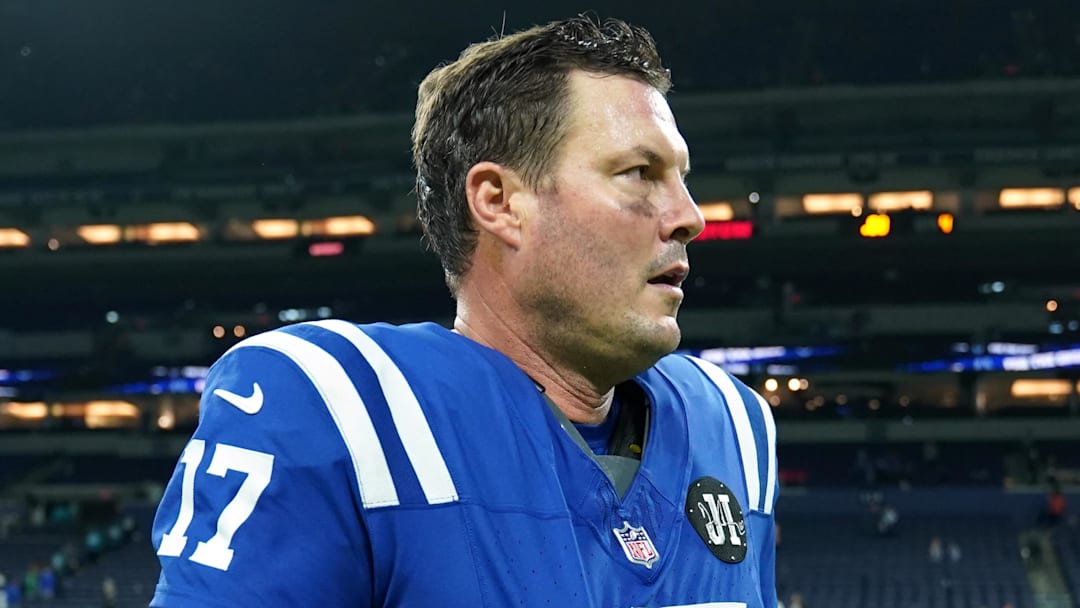 Dec 28, 2025; Indianapolis, Indiana, USA; Indianapolis Colts quarterback Philip Rivers (17) reacts after a game against the Jacksonville Jaguars at Lucas Oil Stadium. Mandatory Credit: Robert Goddin-Imagn Images
