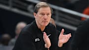 Mar 13, 2025; Indianapolis, IN, USA; Oregon Ducks head coach Dana Altman during the first half against the Indiana Hoosiers at Gainbridge Fieldhouse. Mandatory Credit: Robert Goddin-Imagn Images