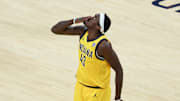Jun 19, 2025; Indianapolis, Indiana, USA; Indiana Pacers forward Pascal Siakam (43) celebrates after a play in the third quarter during game six of the 2025 NBA Finals against the Oklahoma City Thunder at Gainbridge Fieldhouse. Mandatory Credit: Trevor Ruszkowski-Imagn Images