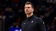 Nov 12, 2025; New Orleans, Louisiana, USA;  Portland Trail Blazers interim Head Coach Tiago Splitter looks on against the New Orleans Pelicans during the first half at Smoothie King Center. Mandatory Credit: Stephen Lew-Imagn Images