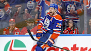 Mar 29, 2025; Edmonton, Alberta, CAN; Edmonton Oilers forward Leon Draisaitl (29) celebrates after scoring his 50th goal of the season during the third period against the Calgary Flames at Rogers Place. Mandatory Credit: Perry Nelson-Imagn Images