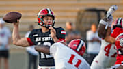 Jacksonville State's Caden Creel makes a pass as he is pressured by Jacksonville State's Walter Reddick during spring football action in Jacksonville, Alabama April 17, 2025. (Dave Hyatt / Hyatt Media LLC)