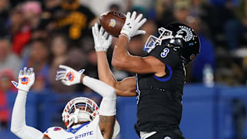 Nov 16, 2024; San Jose, California, USA; San Jose State Spartans wide receiver Nick Nash (3) makes a catch over Boise State Broncos cornerback A'Marion McCoy (7) in the third quarter at CEFCU Stadium. Mandatory Credit: Cary Edmondson-Imagn Images