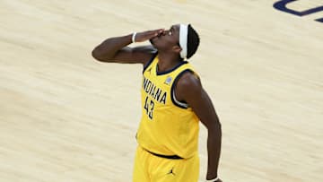 Indiana Pacers forward Pascal Siakam celebrates after a play in the third quarter during game six of the 2025 NBA Finals against the Oklahoma City Thunder at Gainbridge Fieldhouse. 
