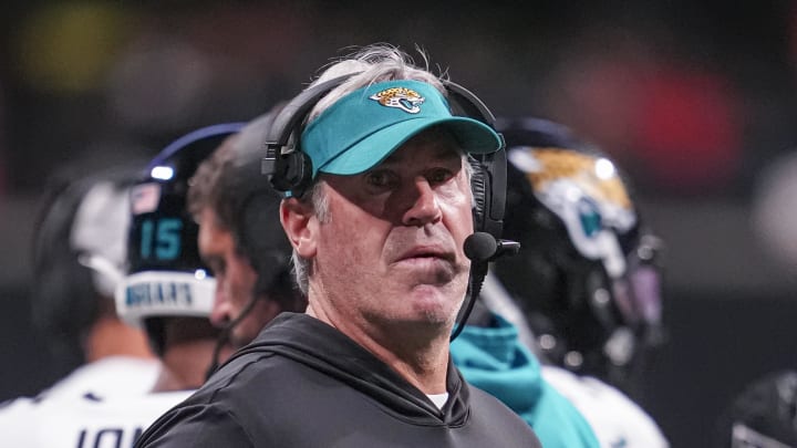 Aug 23, 2024; Atlanta, Georgia, USA; Jacksonville Jaguars head coach Doug Pederson on the sidelines during the game agains the Atlanta Falcons during the first half at Mercedes-Benz Stadium. Mandatory Credit: Dale Zanine-USA TODAY Sports