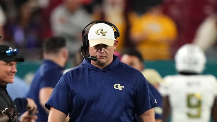 Dec 22, 2023; Tampa, FL, USA; Georgia Tech Yellow Jackets head coach Brent Key walks down the sideline during the first half of the Gasparilla Bowl against the UCF Knights at Raymond James Stadium. Mandatory Credit: Jasen Vinlove-USA TODAY Sports