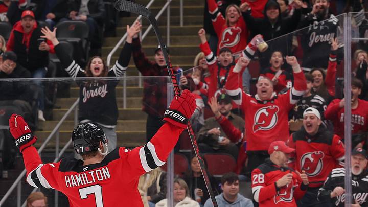 New Jersey Devils defenseman Dougie Hamilton (7) celebrates his goal against the Florida Panthers during the second period at Prudential Center. Mandatory Credit: Ed Mulholland-Imagn Images