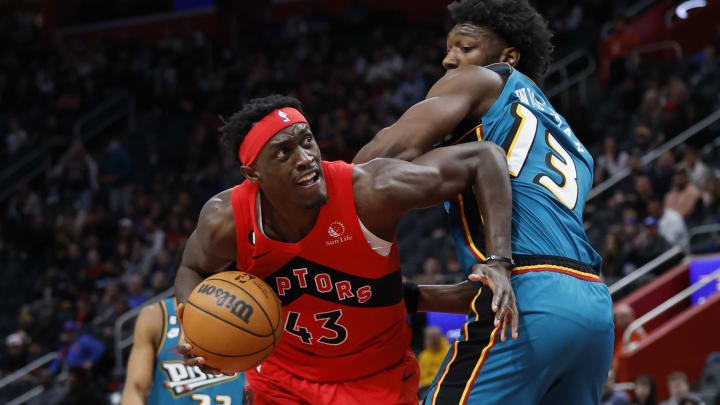 Feb 25, 2023; Detroit, Michigan, USA;Toronto Raptors forward Pascal Siakam (43) is defended by Detroit Pistons center James Wiseman (13) in the first half at Little Caesars Arena. Mandatory Credit: Rick Osentoski-USA TODAY Sports