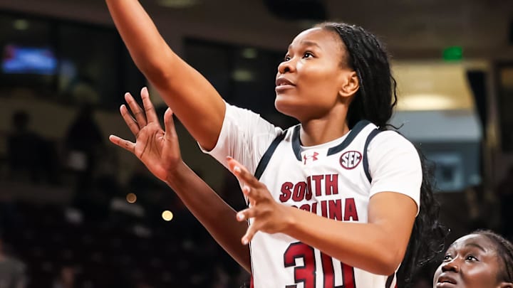 Dec 7, 2025; Columbia, South Carolina, USA; South Carolina Gamecocks forward Maryam Dauda (30) drives against the North Carolina Central Eagles in the second half at Colonial Life Arena. Mandatory Credit: Jeff Blake-Imagn Images