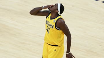  Indiana Pacers forward Pascal Siakam celebrates during the 2025 NBA Finals against the Oklahoma City Thunder at Gainbridge Fieldhouse. 