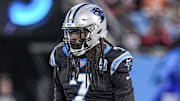 Dec 1, 2024; Charlotte, North Carolina, USA; Carolina Panthers linebacker Jadeveon Clowney (7) during the second half against the Tampa Bay Buccaneers at Bank of America Stadium. Mandatory Credit: Jim Dedmon-Imagn Images