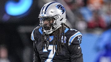 Dec 1, 2024; Charlotte, North Carolina, USA; Carolina Panthers linebacker Jadeveon Clowney (7) during the second half against the Tampa Bay Buccaneers at Bank of America Stadium. Mandatory Credit: Jim Dedmon-Imagn Images
