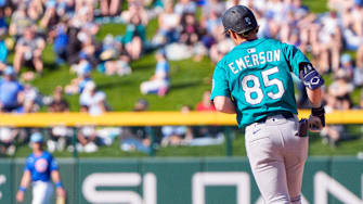 Seattle Mariners infielder Colt Emerson runs after hitting a home run during a spring training game against the Chicago Cubs on March 8 at Sloan Park.
