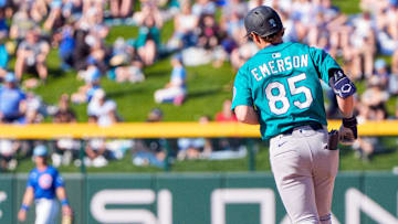 Seattle Mariners infielder Colt Emerson runs after hitting a home run during a spring training game against the Chicago Cubs on March 8 at Sloan Park.