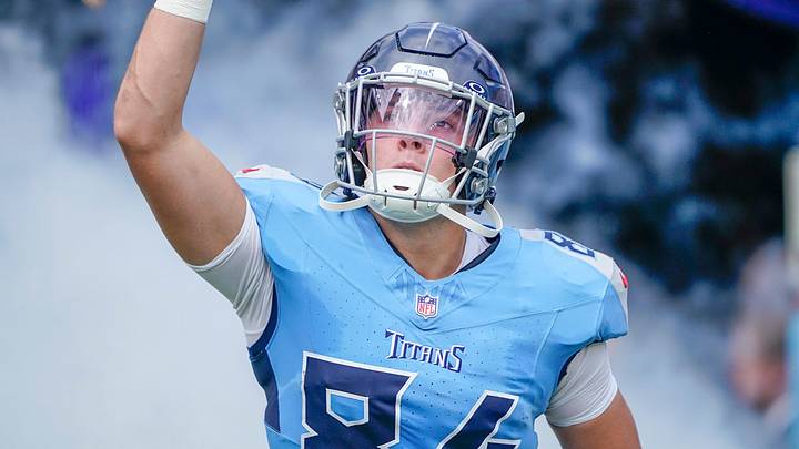Tennessee Titans tight end Gunnar Helm (84) takes the field before the game against the Los Angeles Rams at Nissan Stadium in Nashville, Tenn., Sunday, Sept. 14, 2025.