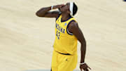 Jun 19, 2025; Indianapolis, Indiana, USA; Indiana Pacers forward Pascal Siakam (43) celebrates after a play in the third quarter during game six of the 2025 NBA Finals against the Oklahoma City Thunder at Gainbridge Fieldhouse. Mandatory Credit: Trevor Ruszkowski-Imagn Images
