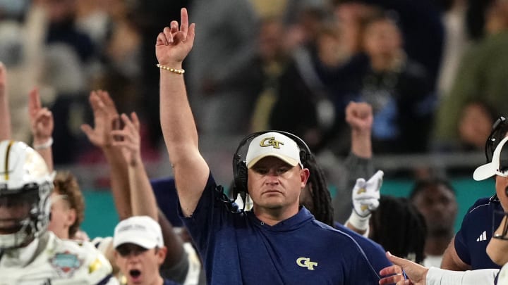 Dec 22, 2023; Tampa, FL, USA; Georgia Tech Yellow Jackets head coach Brent Key celebrates during the second half of the Gasparilla Bowl against the UCF Knights at Raymond James Stadium. Mandatory Credit: Jasen Vinlove-USA TODAY Sports