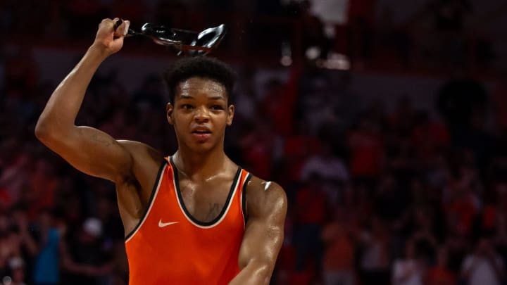 Feb 25, 2024; Stillwater, Okla, USA; Oklahoma State's Jordan Williams celebrates a victory