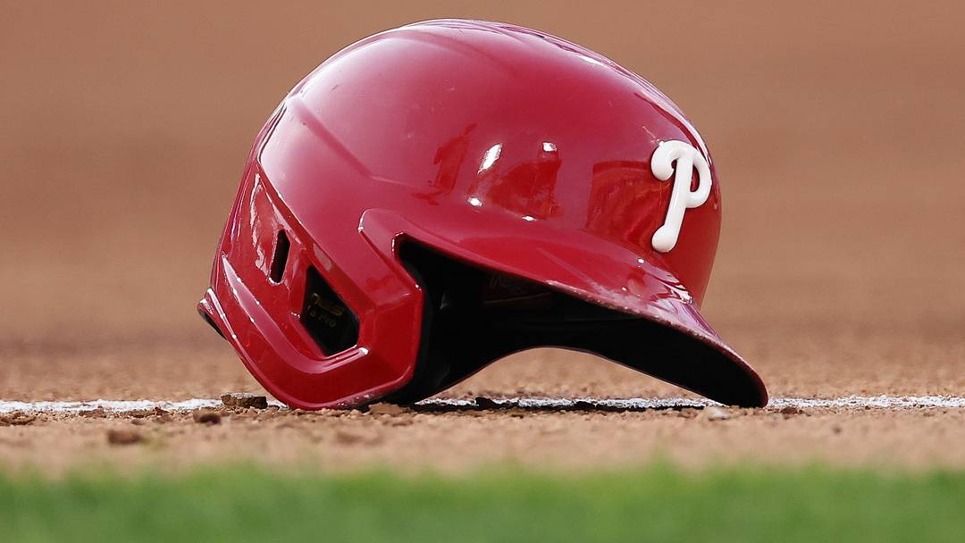 Aug 19, 2026; Philadelphia, Pennsylvania, USA; A Philadelphia Phillies batting helmet in a game against the Miami Marlins at Citizens Bank Park. Mandatory Credit: Bill Streicher-Imagn Images Aug 19, 2026; Philadelphia, Pennsylvania, USA; A Philadelphia Phillies batting helmet in a game against the Miami Marlins at Citizens Bank Park. Mandatory Credit: Bill Streicher-Imagn Images