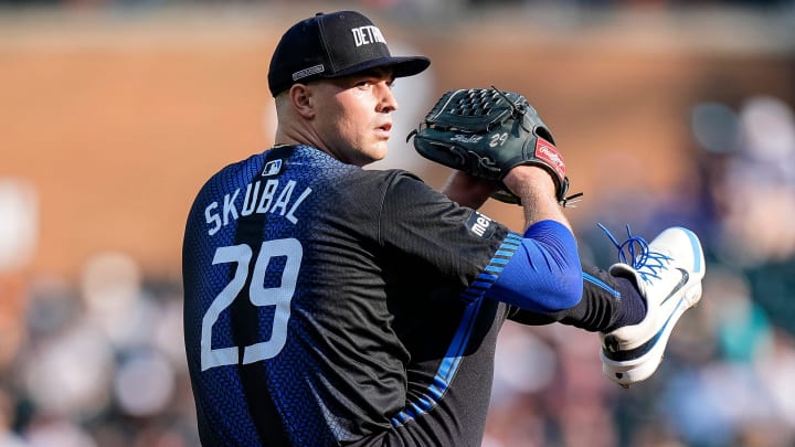 Detroit Tigers pitcher Tarik Skubal (29) delivers a pitch against L. A. Dodgers during the first inning at Comerica Park in Detroit on Friday, July 12, 2024.