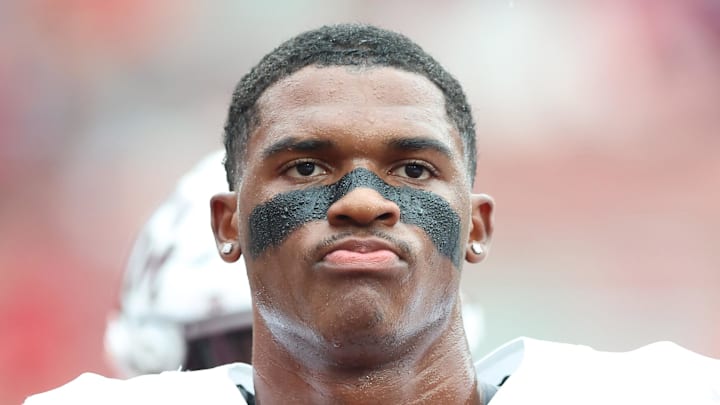Oct 18, 2025; Fayetteville, Arkansas, USA; Texas A&M Aggies quarterback Marcel Reed (10) prior to the game against the Arkansas Razorbacks at Donald W. Reynolds Razorback Stadium. Mandatory Credit: Nelson Chenault-Imagn Images
