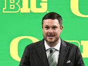 Jul 25, 2024; Indianapolis, IN, USA; Oregon Ducks head coach Dan Lanning speaks to the media during the Big 10 football media day at Lucas Oil Stadium.