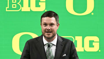 Jul 25, 2024; Indianapolis, IN, USA; Oregon Ducks head coach Dan Lanning speaks to the media during the Big 10 football media day at Lucas Oil Stadium.