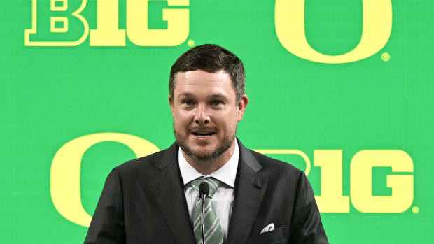 Oregon Ducks head coach ??Dan Lanning speaks to the media during the Big 10 football media day 