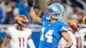 Detroit Lions wide receiver Amon-Ra St. Brown (14) celebrates a first down against Washington Commanders during the first half of the NFC divisional round at Ford Field in Detroit on Saturday, Jan. 18, 2025.