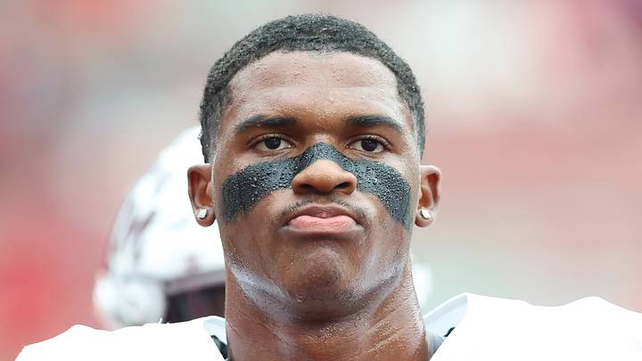Oct 18, 2025; Fayetteville, Arkansas, USA; Texas A&M Aggies quarterback Marcel Reed (10) prior to the game against the Arkansas Razorbacks at Donald W. Reynolds Razorback Stadium. Mandatory Credit: Nelson Chenault-Imagn Images