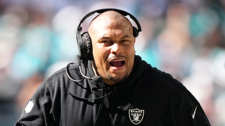 Nov 19, 2023; Miami Gardens, Florida, USA; Las Vegas Raiders head coach Antonio Pierce reacts during the first half against the Miami Dolphins at Hard Rock Stadium. Mandatory Credit: Jasen Vinlove-USA TODAY Sports