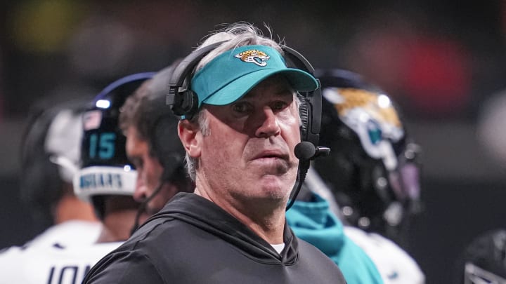 Aug 23, 2024; Atlanta, Georgia, USA; Jacksonville Jaguars head coach Doug Pederson on the sidelines during the game agains the Atlanta Falcons during the first half at Mercedes-Benz Stadium. Mandatory Credit: Dale Zanine-USA TODAY Sports