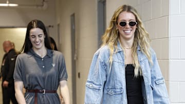 Indiana Fever guard Lexie Hull and guard Caitlin Clark arrive at Wintrust Arena before a game against the Chicago Sky. 