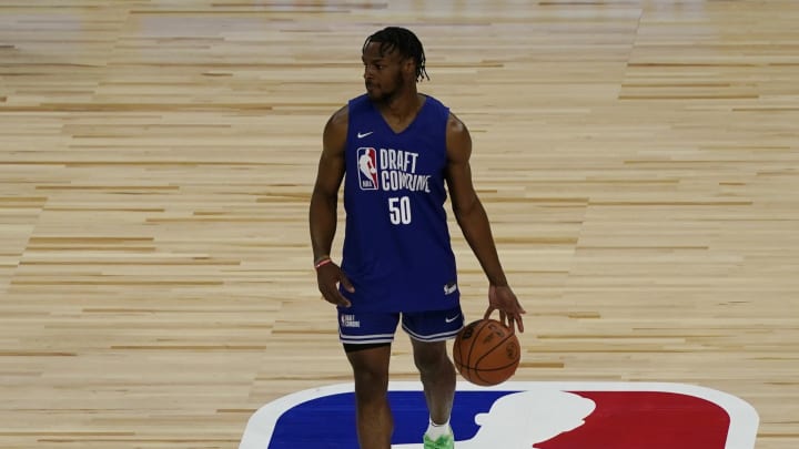 May 14, 2024; Chicago, IL, USA; Bronny James (50) participates in drills during the 2024 NBA Draft Combine  at Wintrust Arena. Mandatory Credit: David Banks-USA TODAY Sports